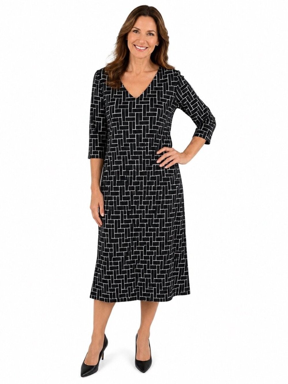 Anne Klein Women’s Size 14 Black White Geometric Print V Neck Long Sleeve Dress